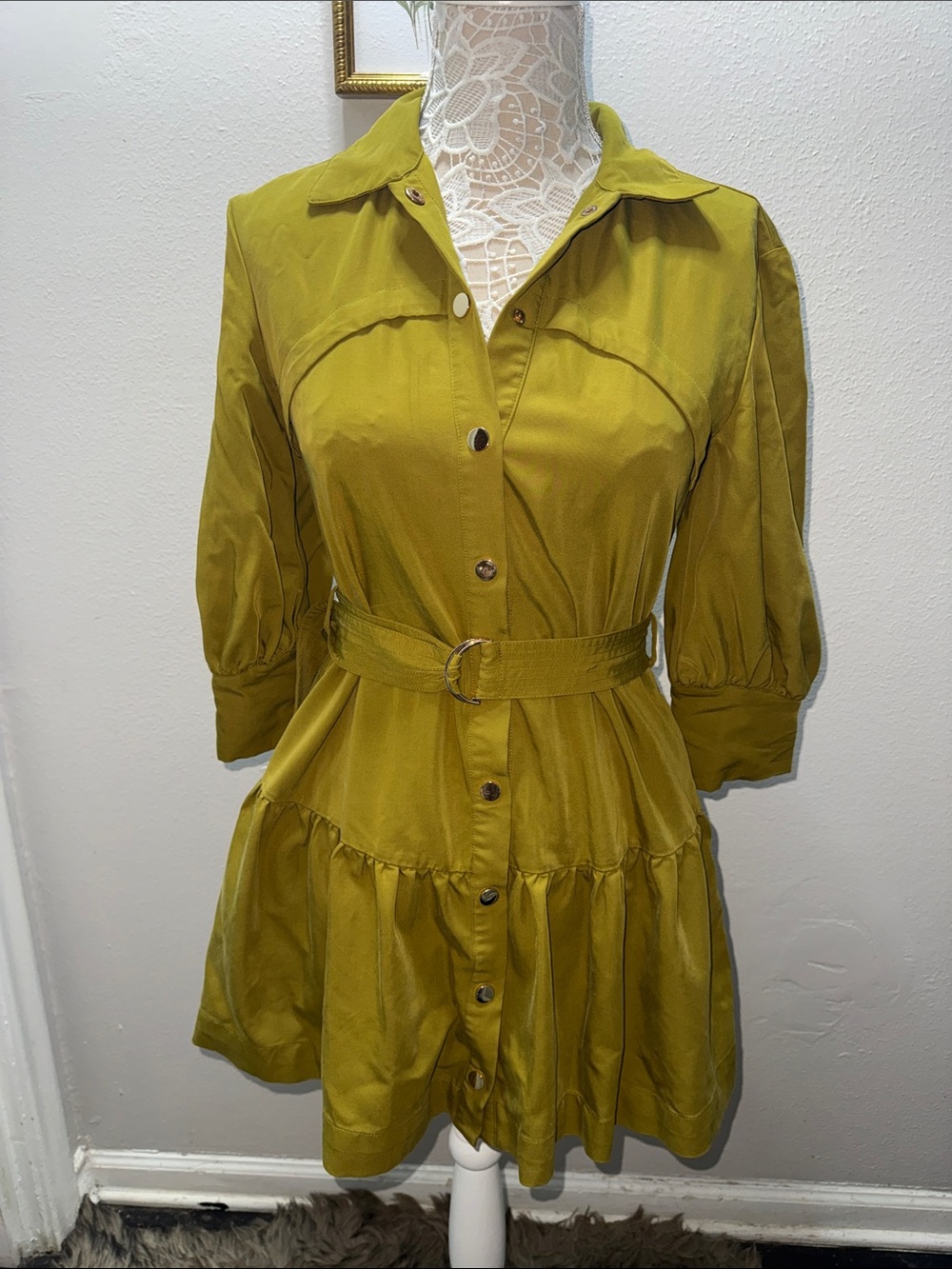 En Saison Chartreuse Button-Front Mini Dress with Belt